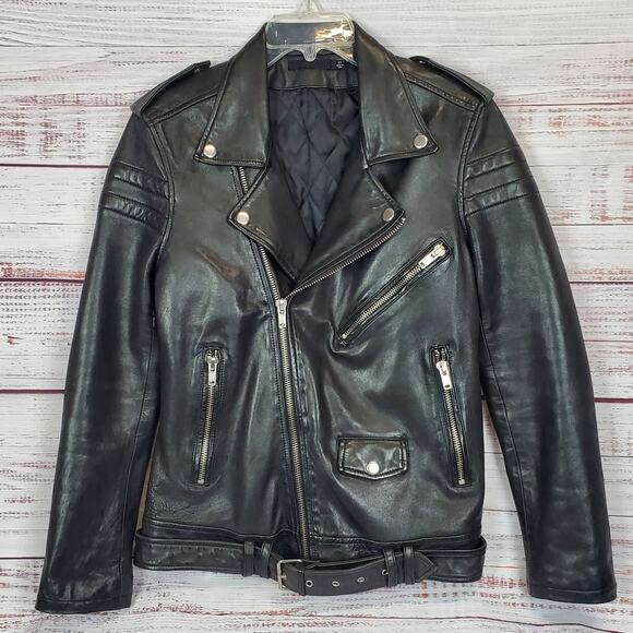BLK DNM Black Leather Moto Biker Jacket Women's M Zip Bomber Coat Buckle Belted - Picture 2 of 16